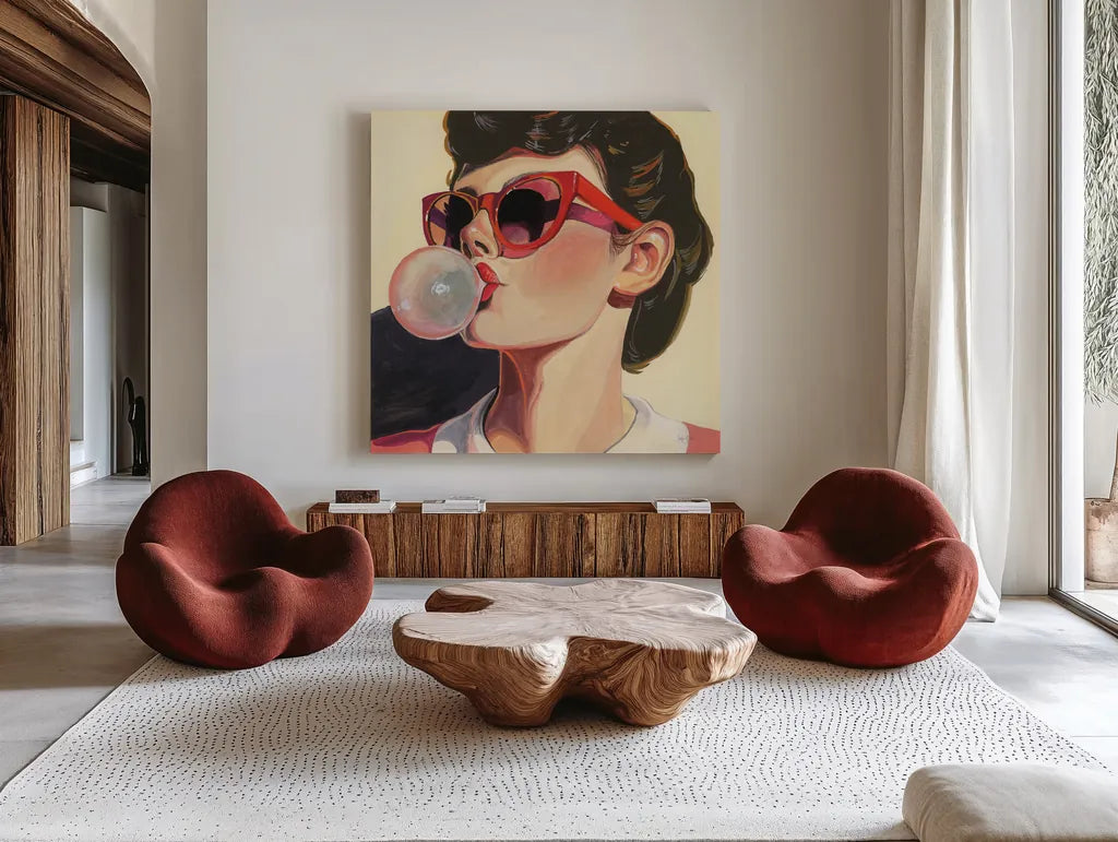 Retro Bubblegum Girl by Kate Jarvik Birch. Shown as extra-large giant wall art in a modern living room. Available as an archival giclee rolled canvas, fine art paper, or poster print. SKU 100008a.