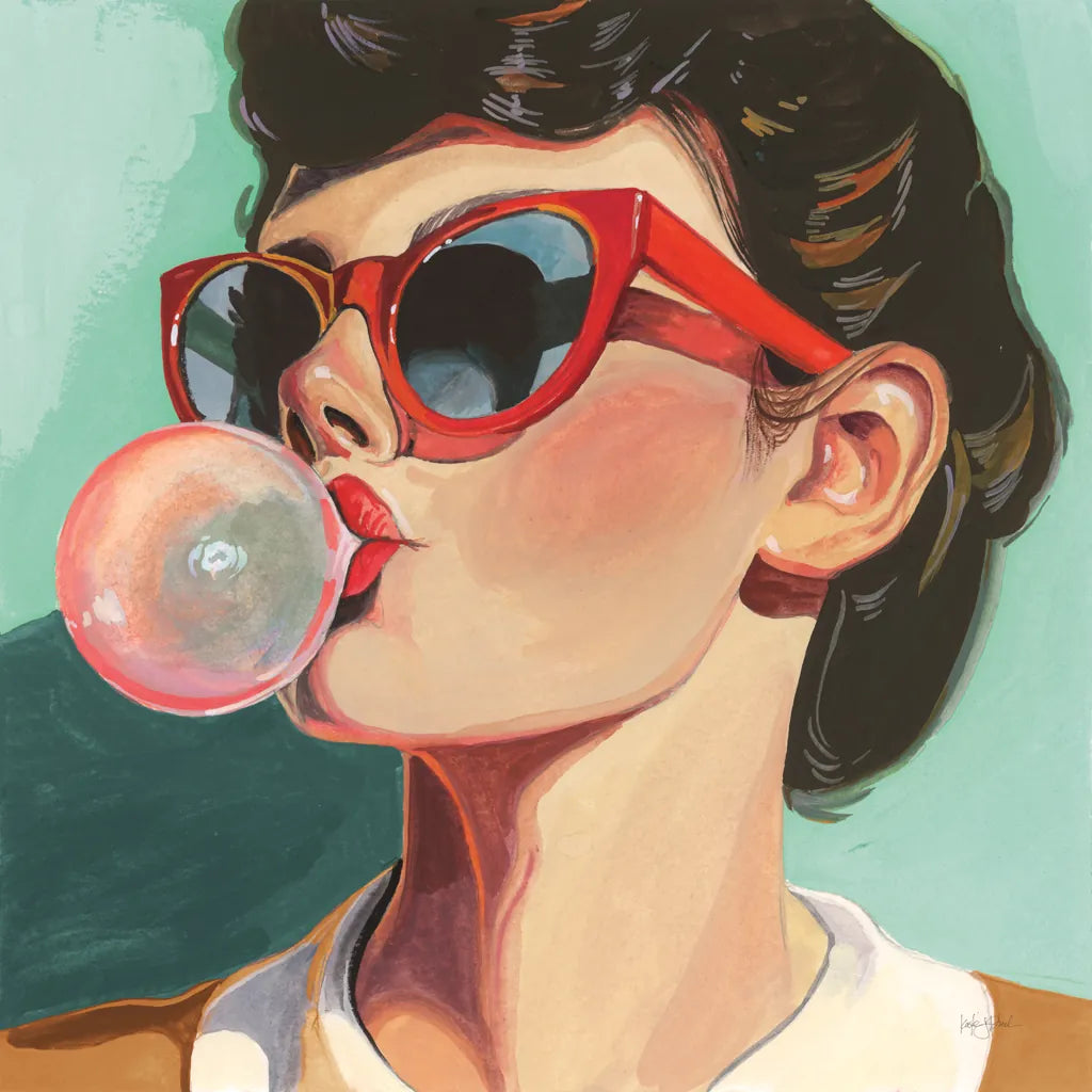 Retro Bubblegum Girl Teal by Kate Jarvik Birch. SKU 100021a. Archival Giclee Fine art print for wall decor.