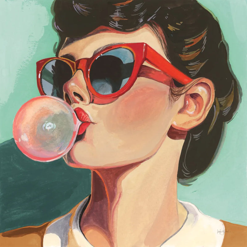 Retro Bubblegum Girl Teal by Kate Jarvik Birch. SKU 100021a. Archival Giclee Fine art print for wall decor.