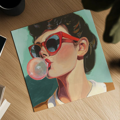 Retro Bubblegum Girl Teal by Kate Jarvik Birch. Shown as a detailed flat fine art print, highlighting archival giclee quality. Available as an archival giclee rolled canvas, fine art paper, or poster print. SKU 100021a.