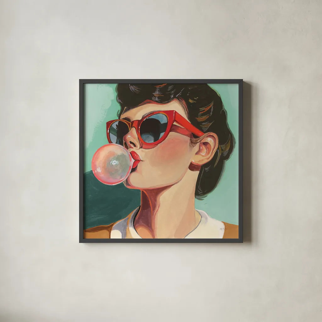 Retro Bubblegum Girl Teal by Kate Jarvik Birch. Shown in a sleek black glass frame for a contemporary gallery look. Available as an archival giclee rolled canvas, fine art paper, or poster print. SKU 100021a.