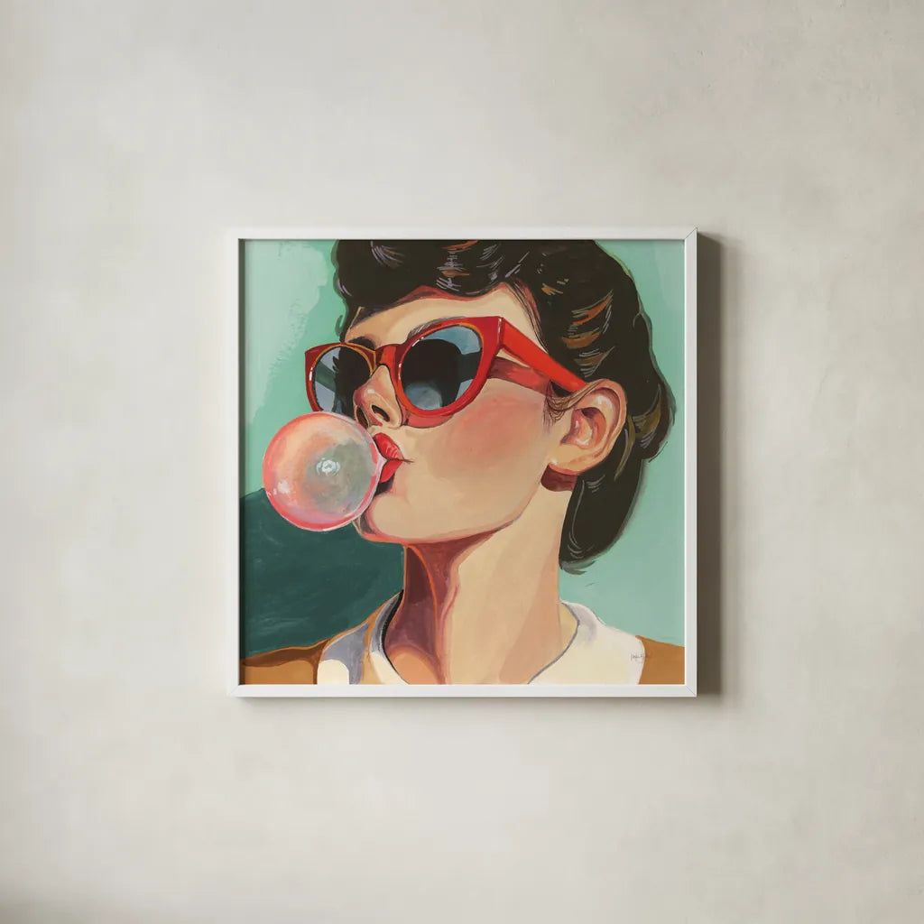 Retro Bubblegum Girl Teal by Kate Jarvik Birch. Shown in a crisp white glass frame for a clean and minimalist style. Available as an archival giclee rolled canvas, fine art paper, or poster print. SKU 100021a.