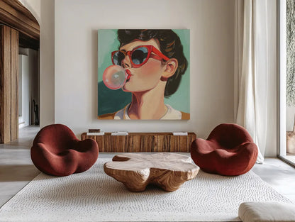 Retro Bubblegum Girl Teal by Kate Jarvik Birch. Shown as extra-large giant wall art in a modern living room. Available as an archival giclee rolled canvas, fine art paper, or poster print. SKU 100021a.