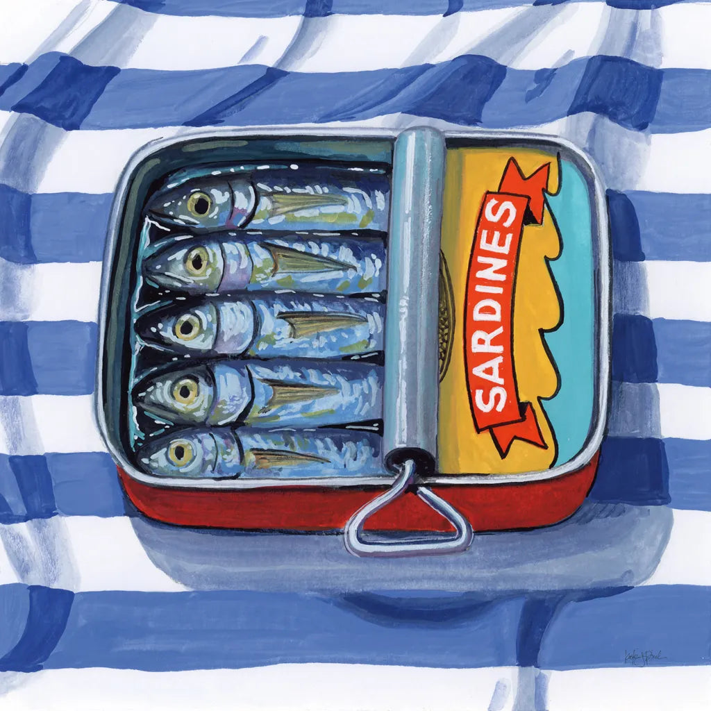 Sardines on Striped Cloth by Kate Jarvik Birch. SKU 98618a. Archival Giclee Fine art print for wall decor.