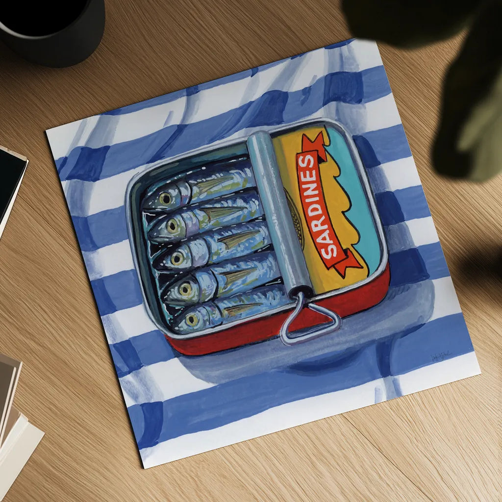 Sardines on Striped Cloth by Kate Jarvik Birch. Shown as a detailed flat fine art print, highlighting archival giclee quality. Available as an archival giclee rolled canvas, fine art paper, or poster print. SKU 98618a.