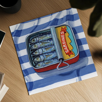 Sardines on Striped Cloth by Kate Jarvik Birch. Shown as a detailed flat fine art print, highlighting archival giclee quality. Available as an archival giclee rolled canvas, fine art paper, or poster print. SKU 98618a.