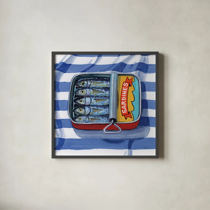 Sardines on Striped Cloth by Kate Jarvik Birch. Shown in a sleek black glass frame for a contemporary gallery look. Available as an archival giclee rolled canvas, fine art paper, or poster print. SKU 98618a.