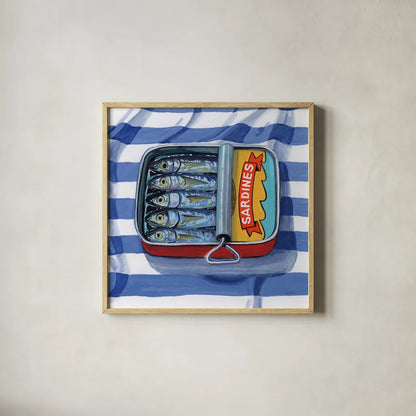 Sardines on Striped Cloth by Kate Jarvik Birch. Shown in a natural wood glass frame for a timeless modern aesthetic. Available as an archival giclee rolled canvas, fine art paper, or poster print. SKU 98618a.