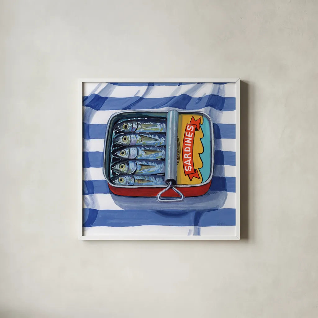 Sardines on Striped Cloth by Kate Jarvik Birch. Shown in a crisp white glass frame for a clean and minimalist style. Available as an archival giclee rolled canvas, fine art paper, or poster print. SKU 98618a.