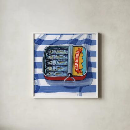 Sardines on Striped Cloth by Kate Jarvik Birch. Shown in a crisp white glass frame for a clean and minimalist style. Available as an archival giclee rolled canvas, fine art paper, or poster print. SKU 98618a.