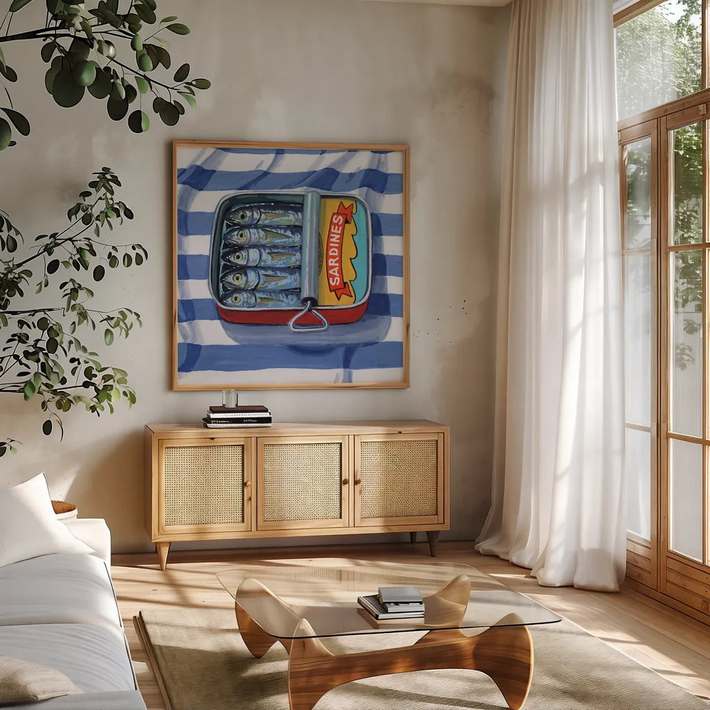 Sardines on Striped Cloth by Kate Jarvik Birch. Shown in a natural wood frame in a cozy modern living room. Available as an archival giclee rolled canvas, fine art paper, or poster print. SKU 98618a.