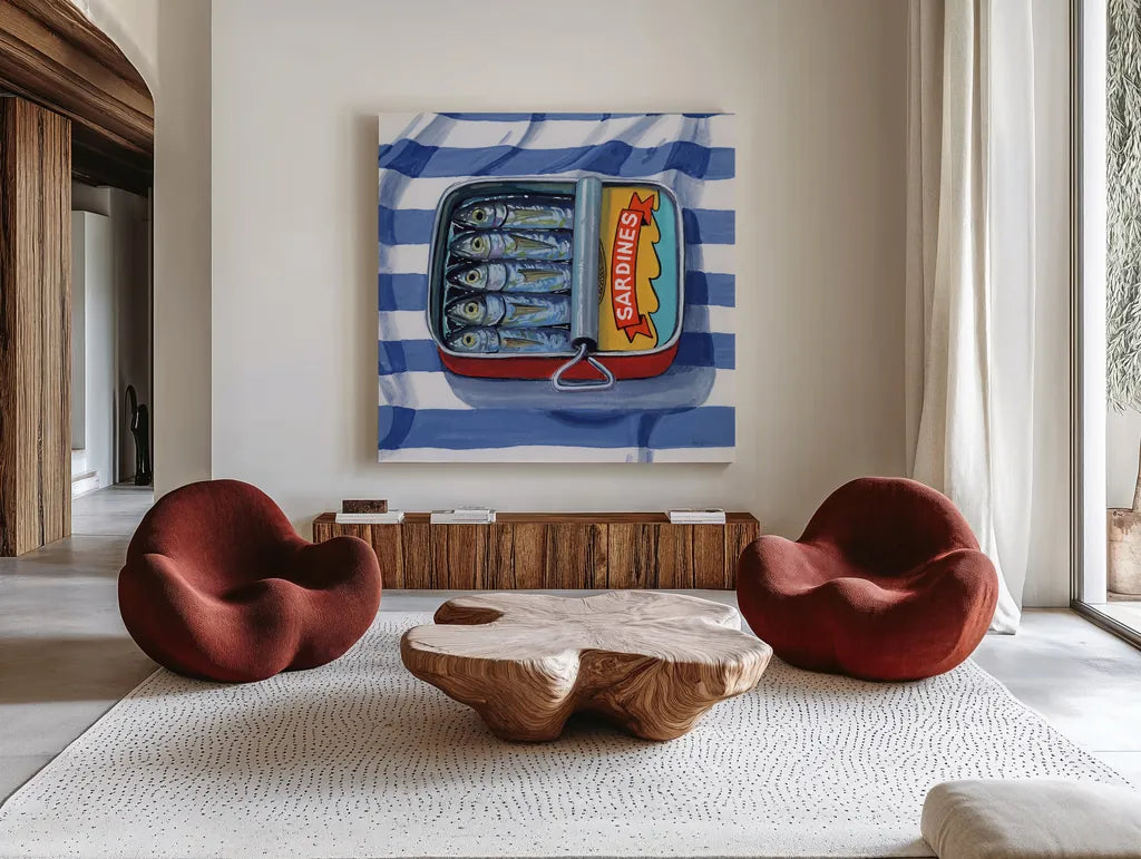 Sardines on Striped Cloth by Kate Jarvik Birch. Shown as extra-large giant wall art in a modern living room. Available as an archival giclee rolled canvas, fine art paper, or poster print. SKU 98618a.