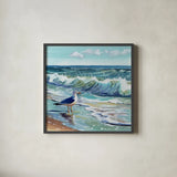 Seagull Contemplation by Kate Jarvik Birch. Shown in a sleek black glass frame for a contemporary gallery look. Available as an archival giclee rolled canvas, fine art paper, or poster print. SKU 102610a.
