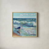 Seagull Contemplation by Kate Jarvik Birch. Shown in a natural wood glass frame for a timeless modern aesthetic. Available as an archival giclee rolled canvas, fine art paper, or poster print. SKU 102610a.