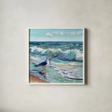 Seagull Contemplation by Kate Jarvik Birch. Shown in a crisp white glass frame for a clean and minimalist style. Available as an archival giclee rolled canvas, fine art paper, or poster print. SKU 102610a.