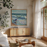 Seagull Contemplation by Kate Jarvik Birch. Shown in a natural wood frame in a cozy modern living room. Available as an archival giclee rolled canvas, fine art paper, or poster print. SKU 102610a.