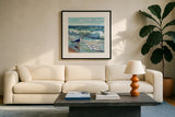 Seagull Contemplation by Kate Jarvik Birch. Displayed in a glass frame with matte in a clean modern living room. Available as an archival giclee rolled canvas, fine art paper, or poster print. SKU 102610a.