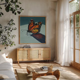 Shadow Study of a Butterfly by Kate Jarvik Birch. Shown in a natural wood frame in a cozy modern living room. Available as an archival giclee rolled canvas, fine art paper, or poster print. SKU 99740a.