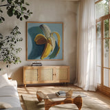 Shady Banana by Kate Jarvik Birch. Shown in a natural wood frame in a cozy modern living room. Available as an archival giclee rolled canvas, fine art paper, or poster print. SKU 98611a.