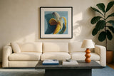 Shady Banana by Kate Jarvik Birch. Displayed in a glass frame with matte in a clean modern living room. Available as an archival giclee rolled canvas, fine art paper, or poster print. SKU 98611a.