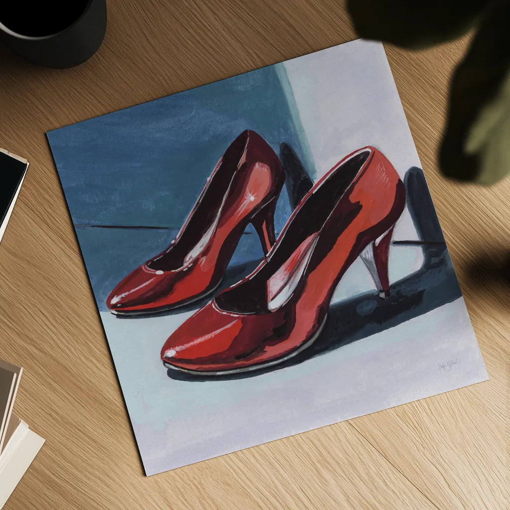 Shiny New Shoes by Kate Jarvik Birch. Shown as a detailed flat fine art print, highlighting archival giclee quality. Available as an archival giclee rolled canvas, fine art paper, or poster print. SKU 99774a.