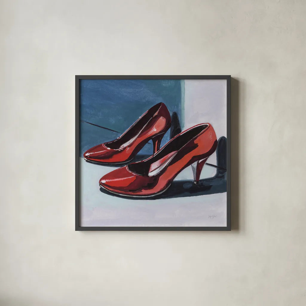 Shiny New Shoes by Kate Jarvik Birch. Shown in a sleek black glass frame for a contemporary gallery look. Available as an archival giclee rolled canvas, fine art paper, or poster print. SKU 99774a.
