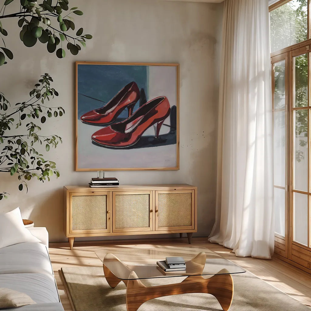 Shiny New Shoes by Kate Jarvik Birch. Shown in a natural wood frame in a cozy modern living room. Available as an archival giclee rolled canvas, fine art paper, or poster print. SKU 99774a.
