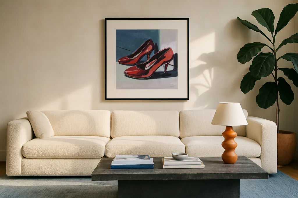 Shiny New Shoes by Kate Jarvik Birch. Displayed in a glass frame with matte in a clean modern living room. Available as an archival giclee rolled canvas, fine art paper, or poster print. SKU 99774a.