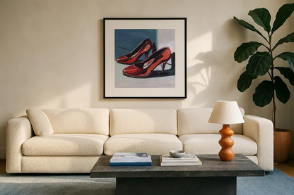 Shiny New Shoes by Kate Jarvik Birch. Displayed in a glass frame with matte in a clean modern living room. Available as an archival giclee rolled canvas, fine art paper, or poster print. SKU 99774a.