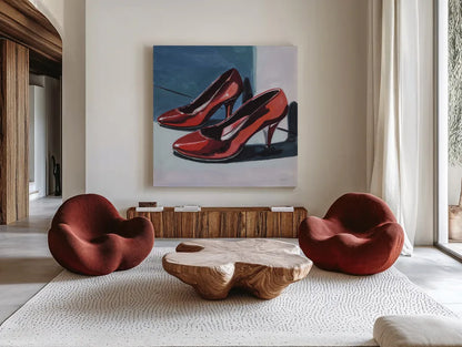 Shiny New Shoes by Kate Jarvik Birch. Shown as extra-large giant wall art in a modern living room. Available as an archival giclee rolled canvas, fine art paper, or poster print. SKU 99774a.