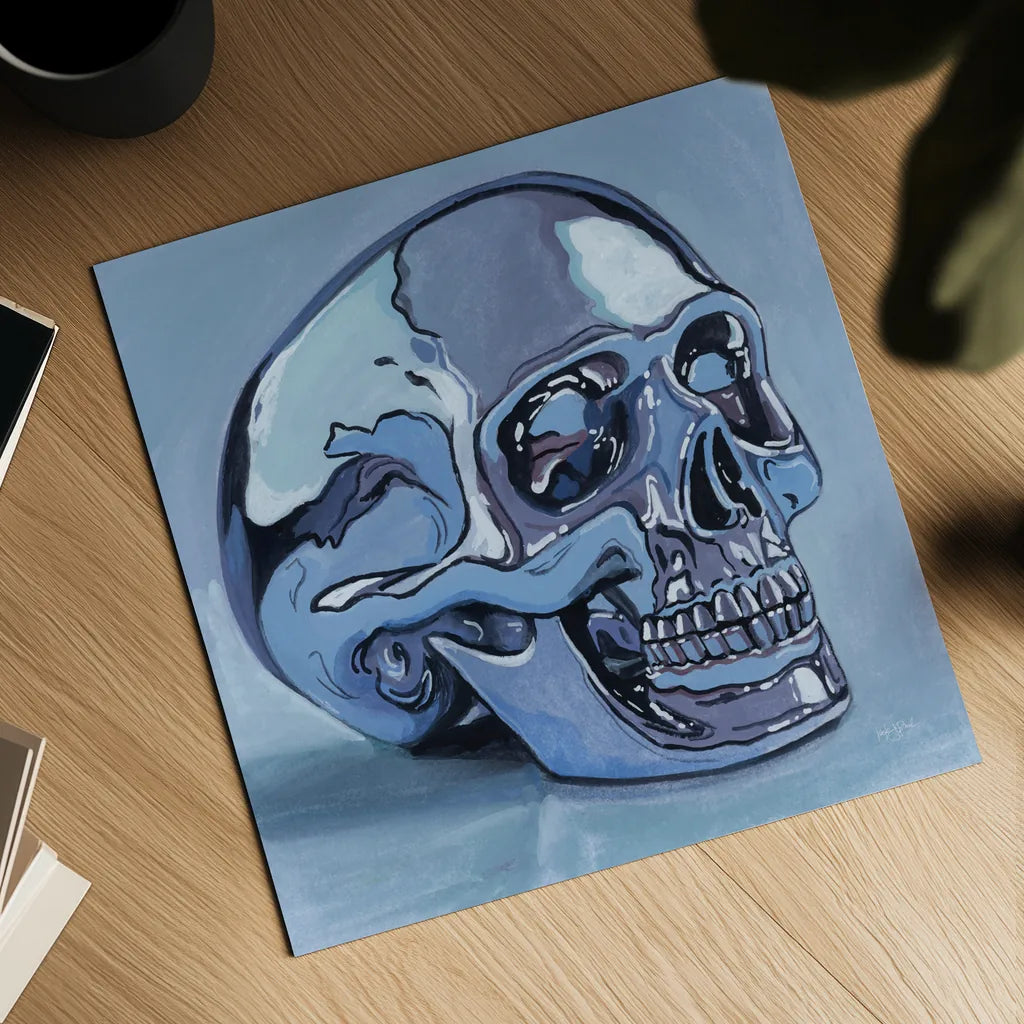 Silver Skull Study by Kate Jarvik Birch. Shown as a detailed flat fine art print, highlighting archival giclee quality. Available as an archival giclee rolled canvas, fine art paper, or poster print. SKU 99556a.
