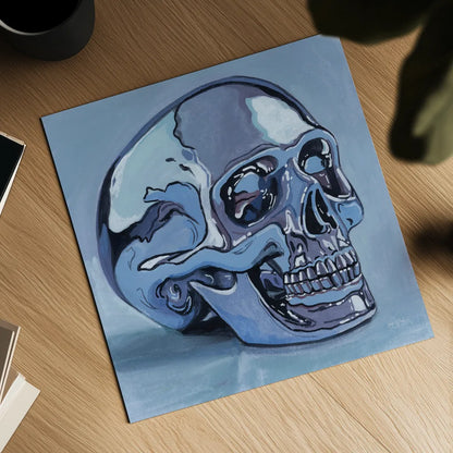 Silver Skull Study by Kate Jarvik Birch. Shown as a detailed flat fine art print, highlighting archival giclee quality. Available as an archival giclee rolled canvas, fine art paper, or poster print. SKU 99556a.