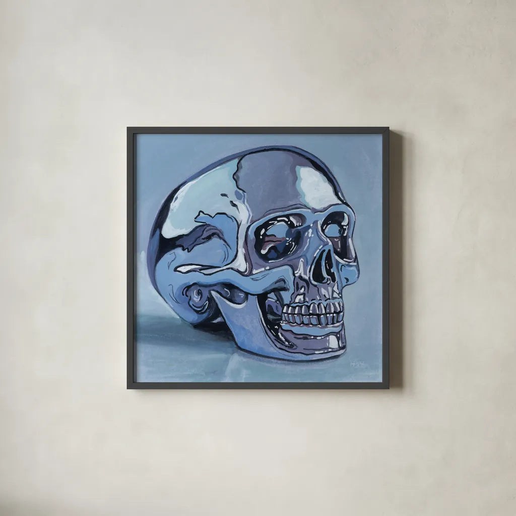 Silver Skull Study by Kate Jarvik Birch. Shown in a sleek black glass frame for a contemporary gallery look. Available as an archival giclee rolled canvas, fine art paper, or poster print. SKU 99556a.