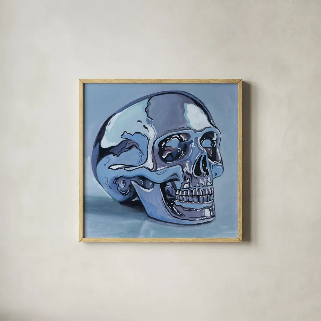 Silver Skull Study by Kate Jarvik Birch. Shown in a natural wood glass frame for a timeless modern aesthetic. Available as an archival giclee rolled canvas, fine art paper, or poster print. SKU 99556a.