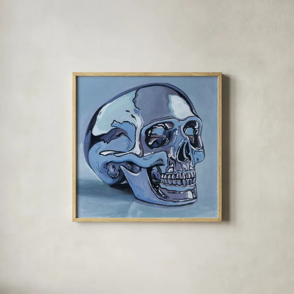 Silver Skull Study by Kate Jarvik Birch. Shown in a natural wood glass frame for a timeless modern aesthetic. Available as an archival giclee rolled canvas, fine art paper, or poster print. SKU 99556a.