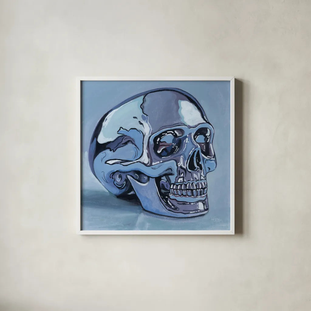 Silver Skull Study by Kate Jarvik Birch. Shown in a crisp white glass frame for a clean and minimalist style. Available as an archival giclee rolled canvas, fine art paper, or poster print. SKU 99556a.
