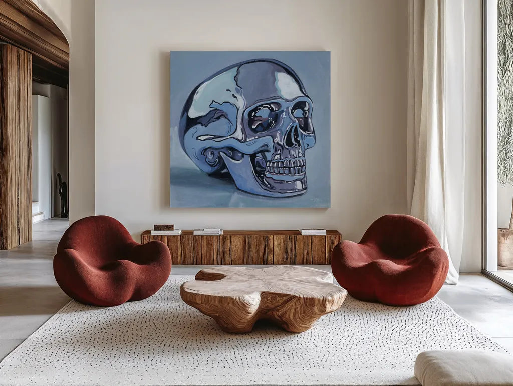Silver Skull Study by Kate Jarvik Birch. Shown as extra-large giant wall art in a modern living room. Available as an archival giclee rolled canvas, fine art paper, or poster print. SKU 99556a.