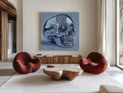 Silver Skull Study by Kate Jarvik Birch. Shown as extra-large giant wall art in a modern living room. Available as an archival giclee rolled canvas, fine art paper, or poster print. SKU 99556a.