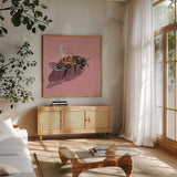 Simple Little Bee by Kate Jarvik Birch. Shown in a natural wood frame in a cozy modern living room. Available as an archival giclee rolled canvas, fine art paper, or poster print. SKU 101983a.
