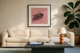 Simple Little Bee by Kate Jarvik Birch. Displayed in a glass frame with matte in a clean modern living room. Available as an archival giclee rolled canvas, fine art paper, or poster print. SKU 101983a.