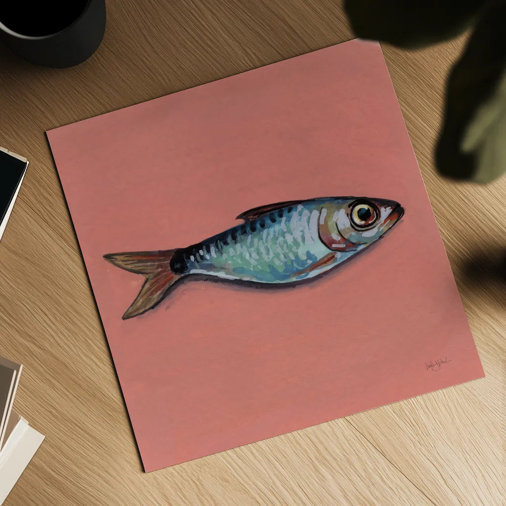 Single Sardine I by Kate Jarvik Birch. Shown as a detailed flat fine art print, highlighting archival giclee quality. Available as an archival giclee rolled canvas, fine art paper, or poster print. SKU 100803a.