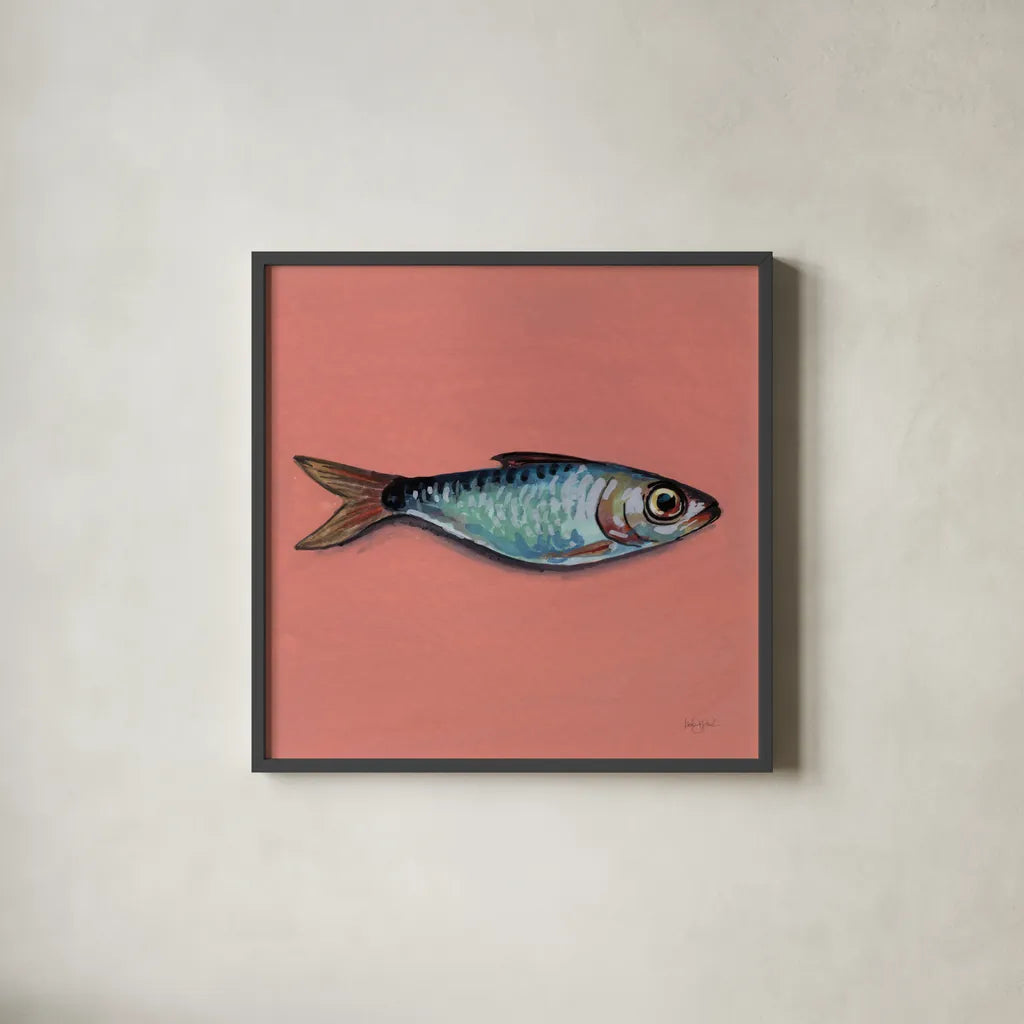 Single Sardine I by Kate Jarvik Birch. Shown in a sleek black glass frame for a contemporary gallery look. Available as an archival giclee rolled canvas, fine art paper, or poster print. SKU 100803a.