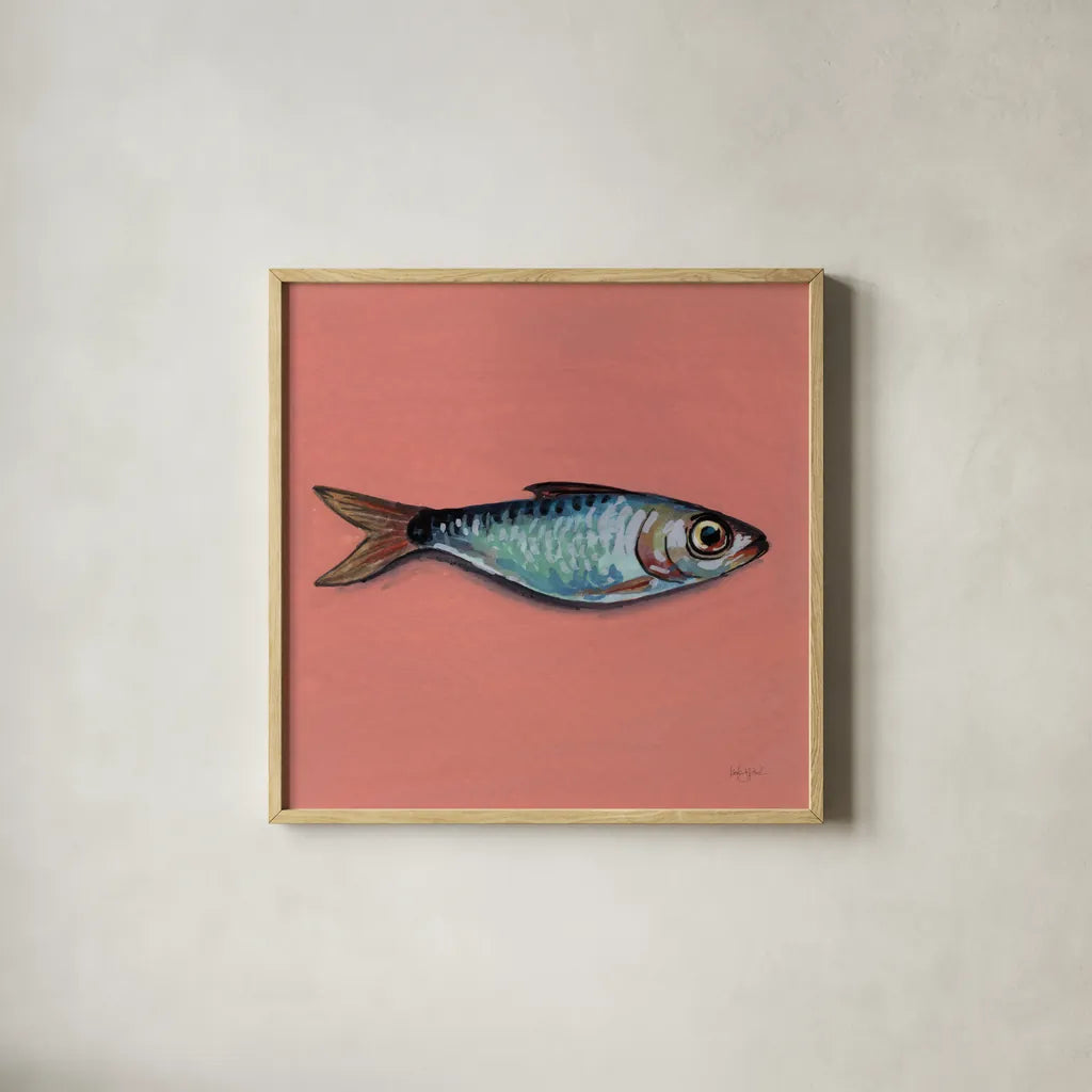 Single Sardine I by Kate Jarvik Birch. Shown in a natural wood glass frame for a timeless modern aesthetic. Available as an archival giclee rolled canvas, fine art paper, or poster print. SKU 100803a.