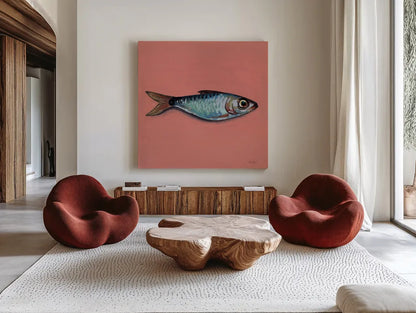 Single Sardine I by Kate Jarvik Birch. Shown as extra-large giant wall art in a modern living room. Available as an archival giclee rolled canvas, fine art paper, or poster print. SKU 100803a.