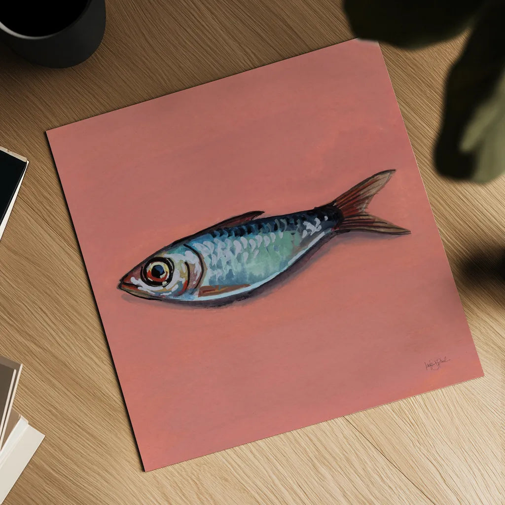 Single Sardine II by Kate Jarvik Birch. Shown as a detailed flat fine art print, highlighting archival giclee quality. Available as an archival giclee rolled canvas, fine art paper, or poster print. SKU 100804a.
