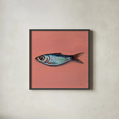 Single Sardine II by Kate Jarvik Birch. Shown in a sleek black glass frame for a contemporary gallery look. Available as an archival giclee rolled canvas, fine art paper, or poster print. SKU 100804a.