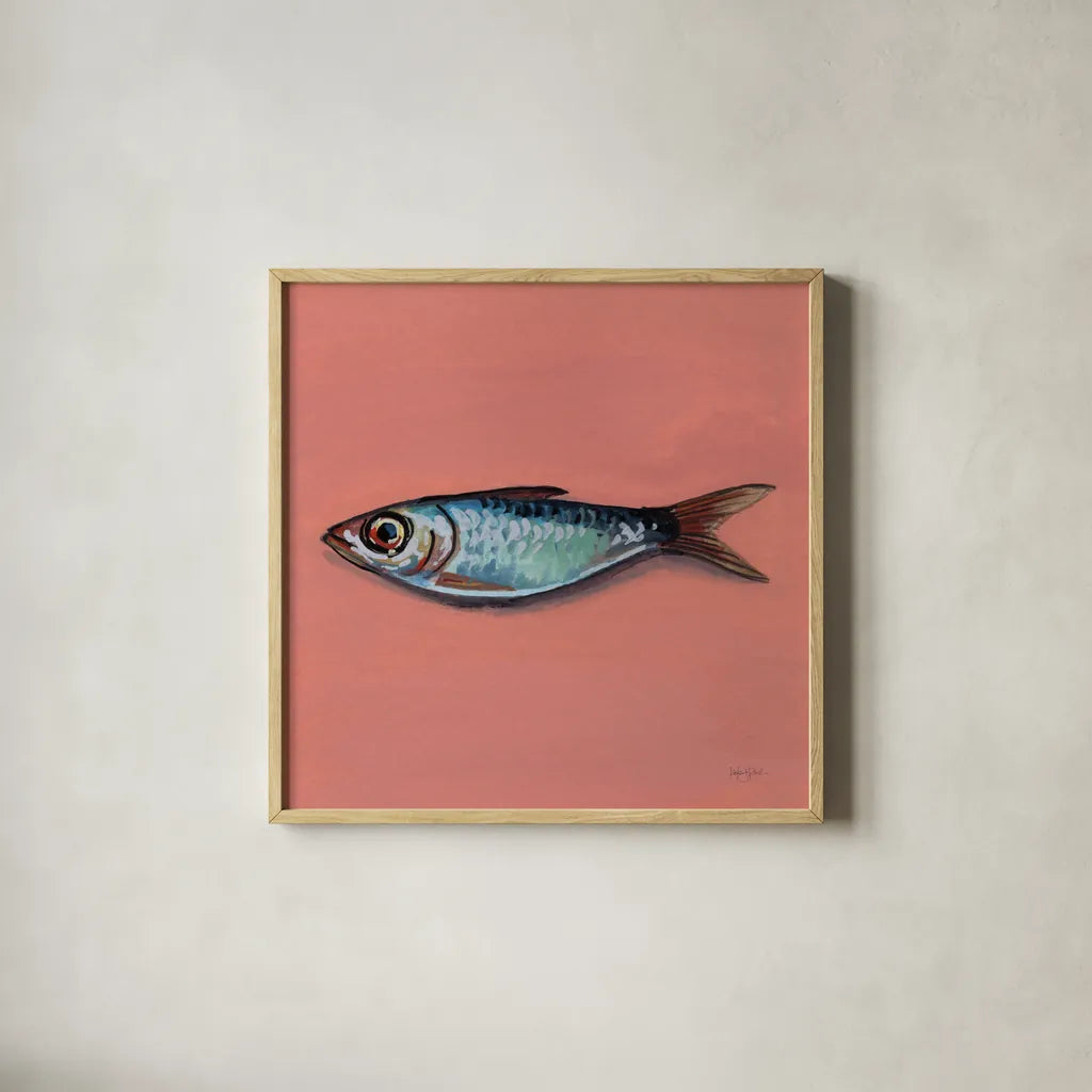 Single Sardine II by Kate Jarvik Birch. Shown in a natural wood glass frame for a timeless modern aesthetic. Available as an archival giclee rolled canvas, fine art paper, or poster print. SKU 100804a.