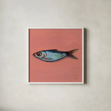 Single Sardine II by Kate Jarvik Birch. Shown in a crisp white glass frame for a clean and minimalist style. Available as an archival giclee rolled canvas, fine art paper, or poster print. SKU 100804a.