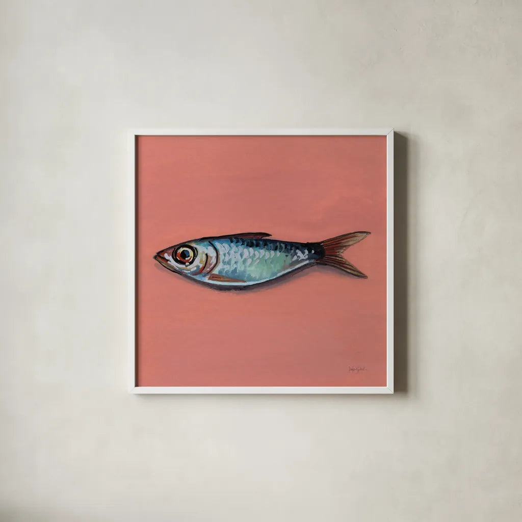 Single Sardine II by Kate Jarvik Birch. Shown in a crisp white glass frame for a clean and minimalist style. Available as an archival giclee rolled canvas, fine art paper, or poster print. SKU 100804a.