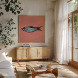 Single Sardine II by Kate Jarvik Birch. Shown in a natural wood frame in a cozy modern living room. Available as an archival giclee rolled canvas, fine art paper, or poster print. SKU 100804a.
